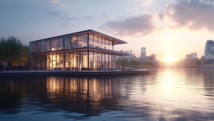 Fototapeta premium Modern Glass House on Water at Sunset, City Skyline View, Luxury Waterfront Living, Stunning Architecture Design, Tranquil Evening Ambiance, Reflecting River Waters