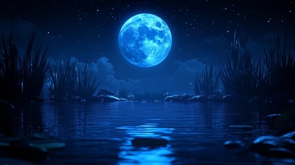 Mystical Lunar Reflection Serenity in Waterscape Glowing Celestial Orb Tranquil Nighttime Scenery Nature's Beauty Enchanted