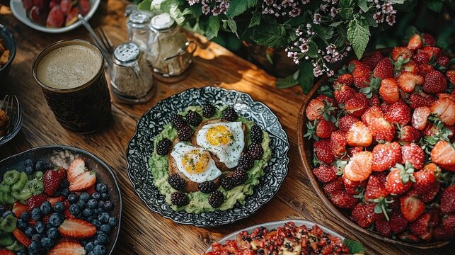 Colorful brunch spread featuring avocado toast with eggs, fresh berries, and coffee in a garden setting