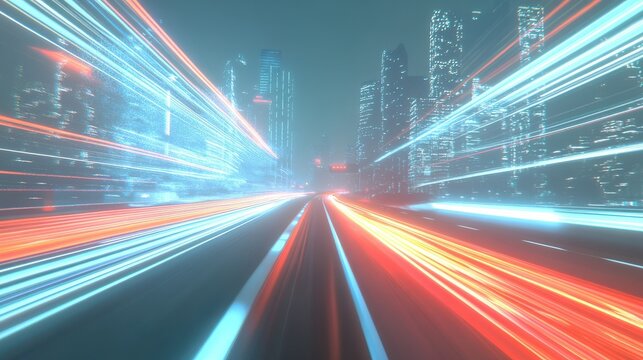 Sleek highway with city skyline in the background illuminated in the style of dynamic light trails and motion blur Generative AI - Powered by Adobe
