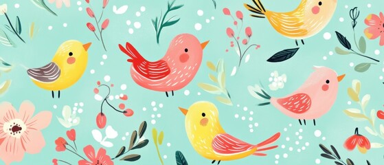 Charming bird illustration with colorful flowers on a pastel background, perfect for home decor, childrens art, and nature-themed projects.