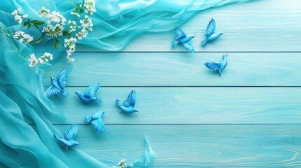 Blue Birds with Flowers on Aqua Background for Tranquil Decor
