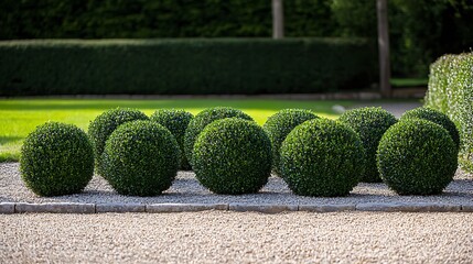 Nine perfectly formed boxwood spheres arranged in a row on a gravel path, set against a manicured lawn and hedge.