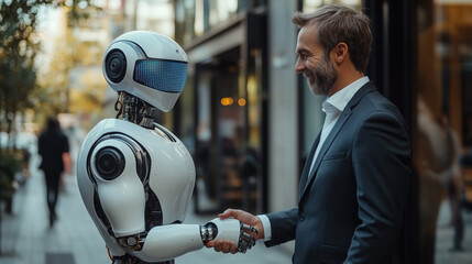 A businessman shaking hands with an AI humanoid robot