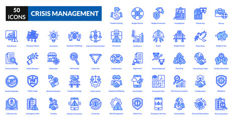 Crisis management blue icon collection set. Includes emergency, risk, recovery, planning, strategy, communication, preparation, resilience, mitigation, leadership, response, evaluation, security