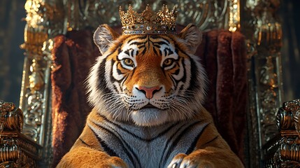 Fototapeta premium Majestic Tiger Throne with Golden Crown Symbolizing Power and Royalty in Artistic Imagery