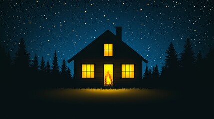 Nighttime Serenity A Cozy Home Lit Under Starry Skies Offers a Warm and Inviting Scene for Peaceful Retreats and Quiet Moments