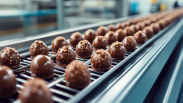 Delicious chocolate truffles on conveyor belt in factory, showcasing production of sweets and dessert with glossy finishes and textured toppings.