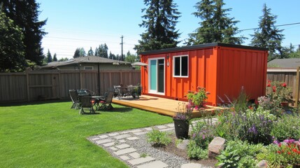 Obraz premium Bright Orange Container House in a Vibrant Backyard Garden Setting