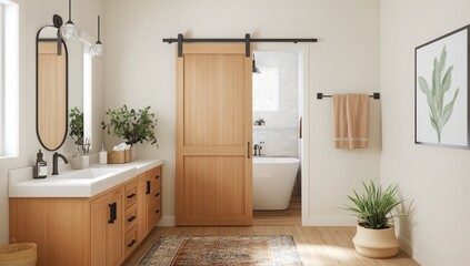 Light Wood Barn Door Sliding on Black Hardware Revealing a Modern Bathroom with Warm Lighting and Cozy Ambiance