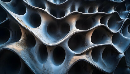 Abstract close-up of a textured, wave-like surface with numerous holes, creating a visually striking and unique pattern.  Perfect for design or background use.