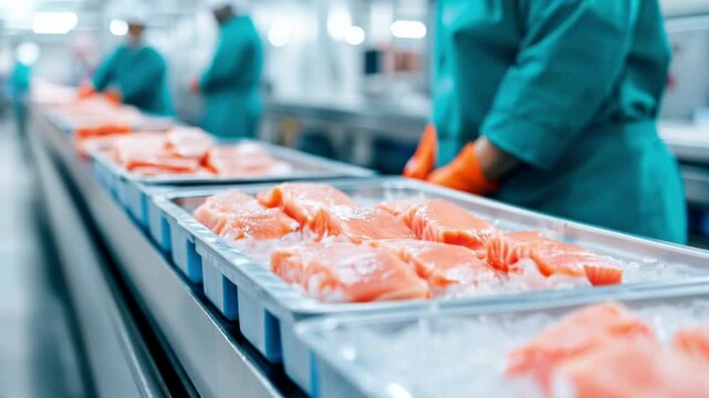 Fresh salmon fillets on ice in seafood processing facility, showcasing quality, care, and cleanliness in kitchen.