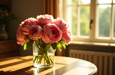 Obraz premium The room is flooded with sunlight, and there is a vase with a bouquet of peonies on the table. Flower delivery concept, small business, flower shop