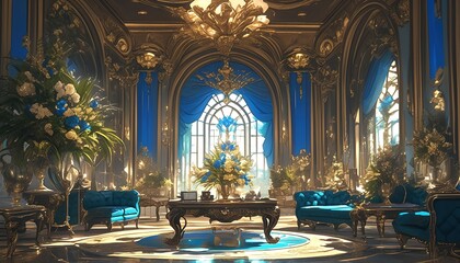Obraz premium Elegant room with gold trim, blue fabric, flowers, and sun
