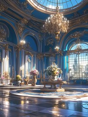 Obraz premium Elegant room with flowers; large windows offer city views; chandelier hangs