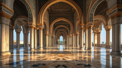 Majestic architectural interior with ornate arches reflecting sunlight in a serene setting