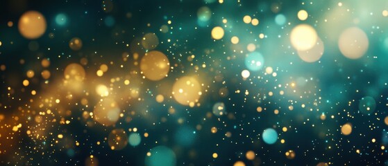 Obraz premium Colorful bokeh background with golden and teal lights, ideal for holiday celebrations, weddings, and creative projects in photography and design.