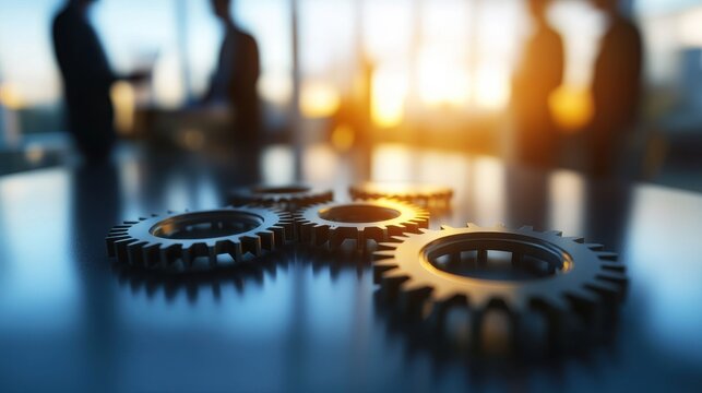 Close-Up of Gears with Business Silhouettes in Background at Sunset - Powered by Adobe