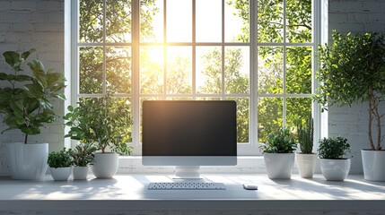 Modern workspace with a computer, vibrant plants, and sunlight streaming through large windows