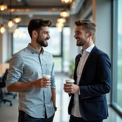 Two men and a woman standing in a modern office hallway, engaging in a friendly conversation with coffee cups.