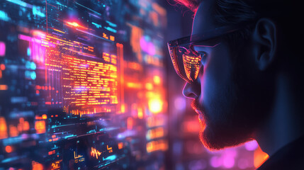 A close-up of a businessman analyzing AI-generated insights on a glowing holographic screen, vibrant charts and graphs, and a blurred background of a high-tech office