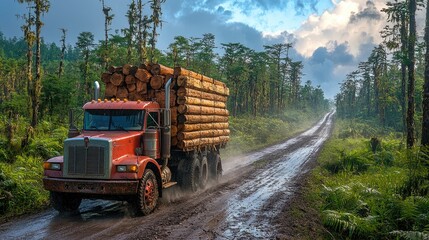 Red logging truck transporting timber along a muddy forest road under a cloudy sky