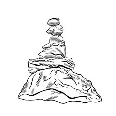Stone Stacking Art. Rock Balancing vector illustration, sketch style hand drawn print. Cairn stones. Meditation and balance art concept poster.
