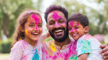 Fototapeta premium Traditional Indian Family Celebrating Holi, A happy Indian family dressed in colorful traditional attire, playfully applying colored powders to one another in a festive garden setting.