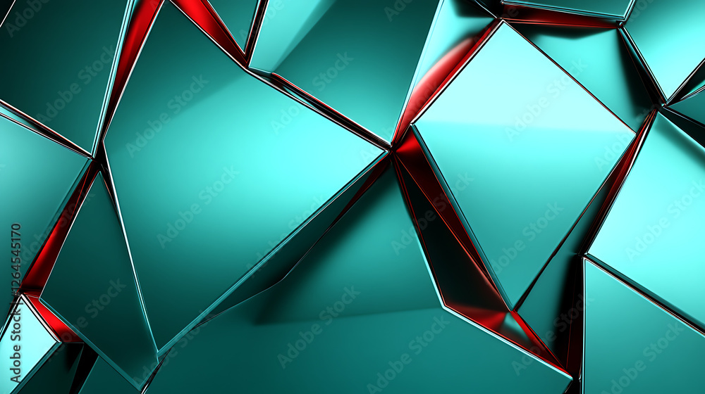 Poster polygon pattern in teal and red color palette with abstract metallic surface and dynamic composition
