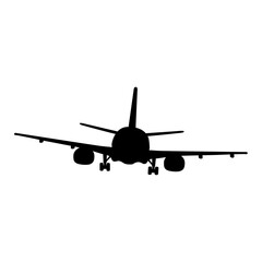 Airplane Landing black shadow silhouette. front angle