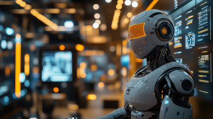 A glowing AI-powered robot assisting a business team in a modern office