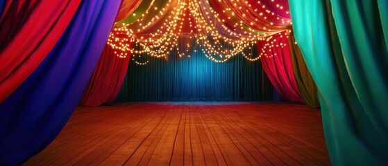 Colorful stage with bright lighting and decorative curtains for theater, performance, event, and entertainment backgrounds