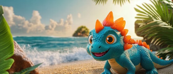 Naklejka premium Colorful toy dinosaur on a tropical beach with ocean waves and palm trees, perfect for childrens themes and playful summer adventures.