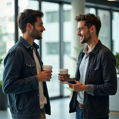 Two young businessmen holding coffee cups and having a relaxed conversation in a modern office space.