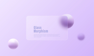 3d trendy and futuristic glass morphism website landing page template. Frosted glass partition with floating spheres.