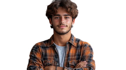 Confident Young Man Portrait: A striking head and shoulders shot of a young man with a confident gaze, dressed in a stylish shirt, his arms crossed, conveying self-assuredness and approachability.