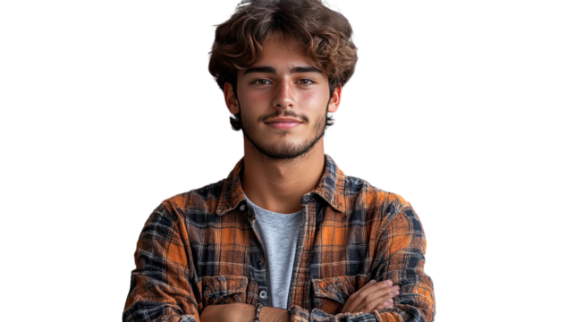 Confident Young Man Portrait: A striking head and shoulders shot of a young man with a confident gaze, dressed in a stylish shirt, his arms crossed, conveying self-assuredness and approachability.