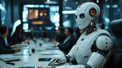 Fototapeta premium A glowing AI-powered robot assisting a business team in a modern office, vibrant lights, and a blurred background of digital screens and advanced technology