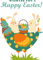 Easter bunnies,chicken and easter eggs. Vector illustration