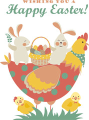 Obraz premium Easter bunnies,chicken and easter eggs. Vector illustration
