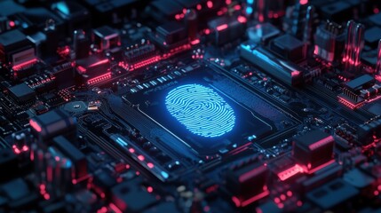 Fototapeta premium Digital Fingerprint Glowing Blue Circuit Board with Fingerprint in Center