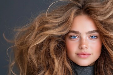 Naklejka premium Woman with flowing hair and striking blue eyes poses against a dark backdrop showcasing natural beauty and charm