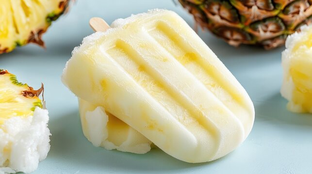 A creamy pineapple popsicle on a light background, surrounded by fresh pineapple slices.