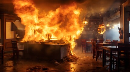Devastating Fire Erupts in Restaurant Kitchen Flames Consuming the Space and Thick Smoke Billowing into the Dining Area Causing Chaos and Destruction