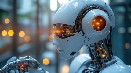 Fototapeta premium Advanced humanoid robot, futuristic technology, artificial intelligence, close-up view, intricate details,