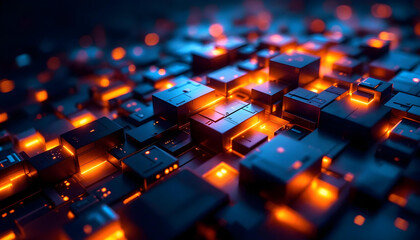 Obraz premium Computer keyboard, glowing keys, neon orange and blue lighting