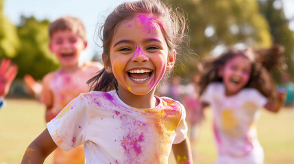 Children Enjoying Holi Celebration, Excited children running and laughing while playing with colored powders in a park, capturing the joyful essence of Holi.