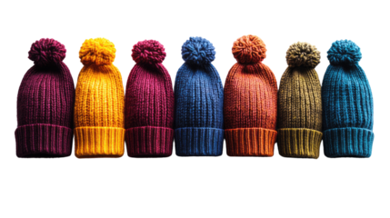 Vibrant Hats: A vibrant array of knitted winter hats, each with a unique color and playful pom-pom, presented in a row, perfect for adding a splash of warmth and style to your cold-weather collection.
