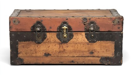 Antique wooden trunk on white background