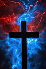 Cross silhouetted against vibrant electric blue and red lightning background, symbolizing faith, spirituality, and dramatic religious imagery for designers.